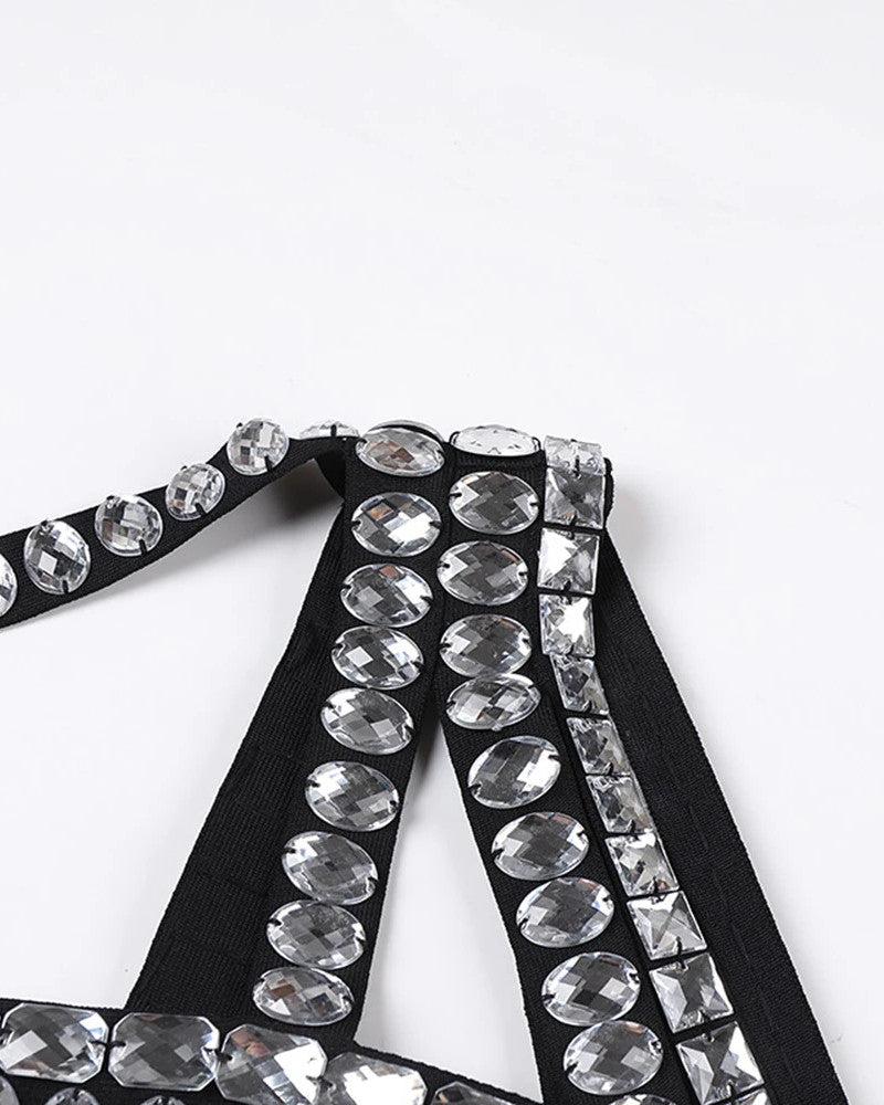 One Shoulder Crystal Trims Maxi Dress Black