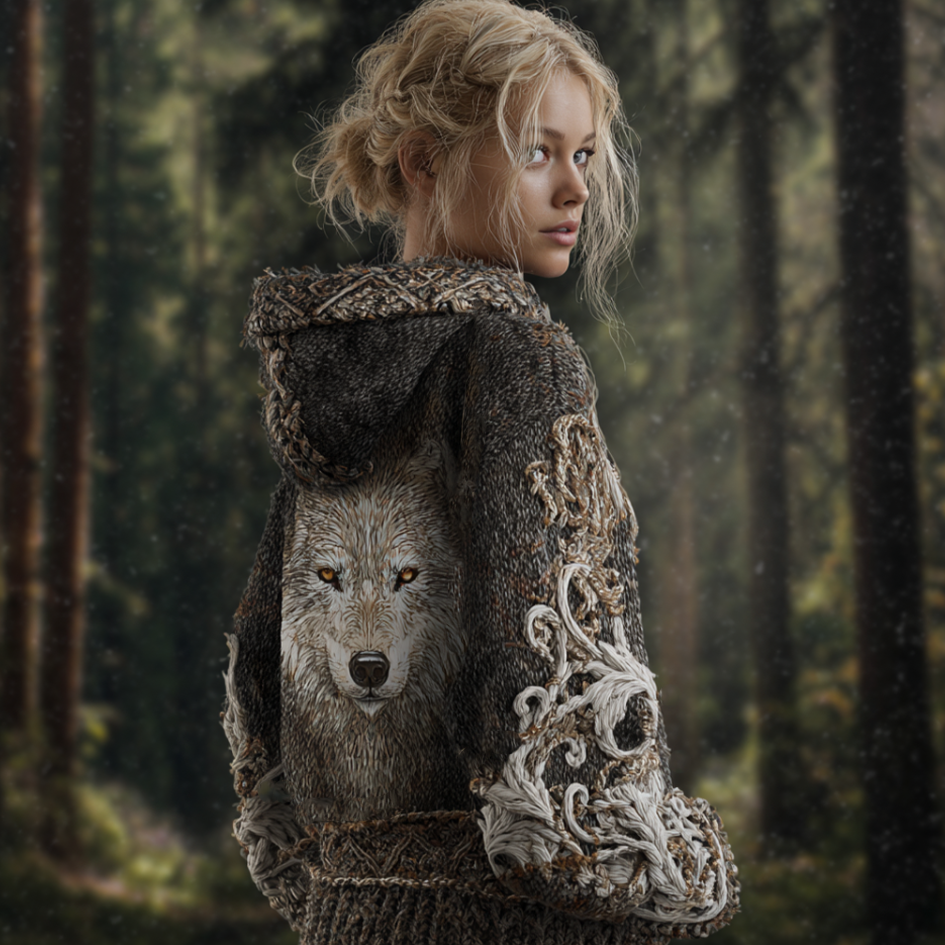 Viking Retro Style Wolf Element Women's Hooded Knit Sweater