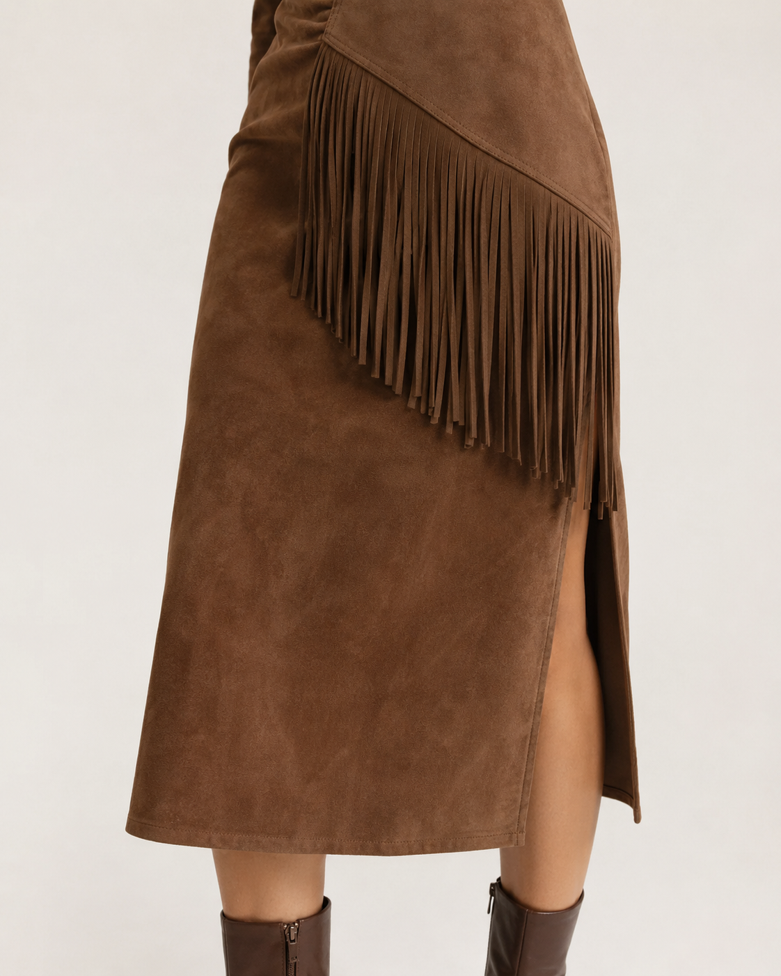 Brown Suede Asymmetric Fringe Midi Dress