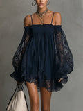 24-Hour-Shipping Navy Off-Shoulder Lace Trim Chiffon Mini Dress With Sheer Sleeves