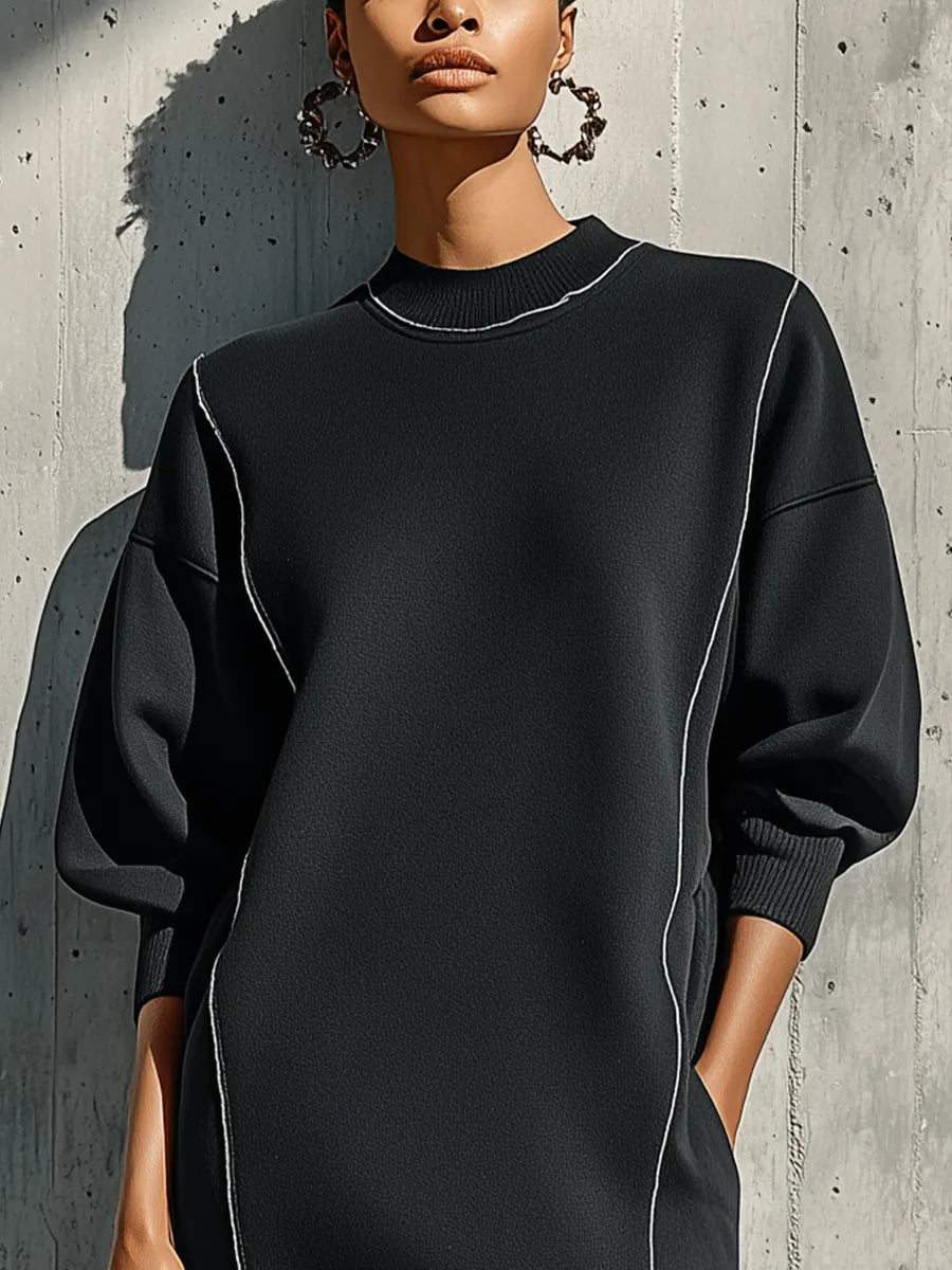 Women's Black Knitted Sweatshirt Fabric Exposed Seam Round Neck Loose Long Sleeve Pocket Midi Dress With White Piping Trim MDZ1549G0YZJ
