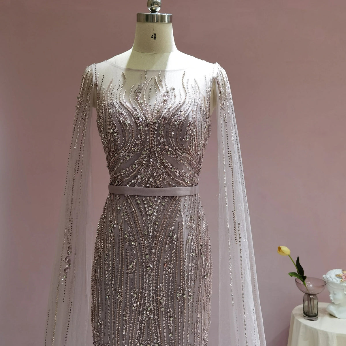 Dreamy Vow Luxury Dubai Pink Mermaid Evening Dress with Cape Sleeve Arabic Gold Formal Dresses for Women Wedding Party 024