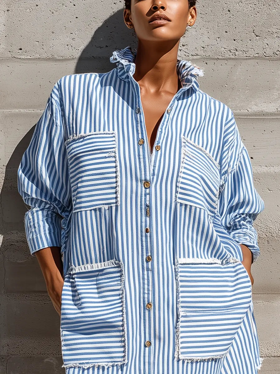 Women's Blue White Vertical Stripe Frayed Trim Collared Long Sleeve Multi Pocket Oversized Mini Shirt Dress MDZ1631G9YZJ