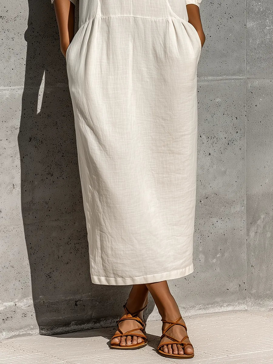 Women's Off White Cotton-linen Blend Stand Collar Split Neck Three Quarter Sleeve Pocket Midi Dress MDZ0815G3YZJ