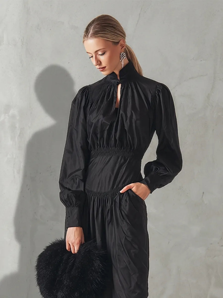 Women's All-Black Cotton-Blend Maxi Dress With Ruched Cinched Torso & Cuff Button Sleeves, Versatile Formal Occasion Flowy Maxi Dress MDZ0678G5LYL