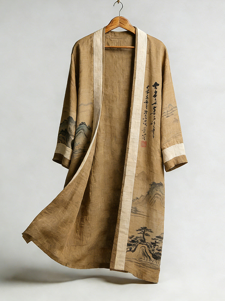 Japanese Landscape Painting Linen Flowing Kimono