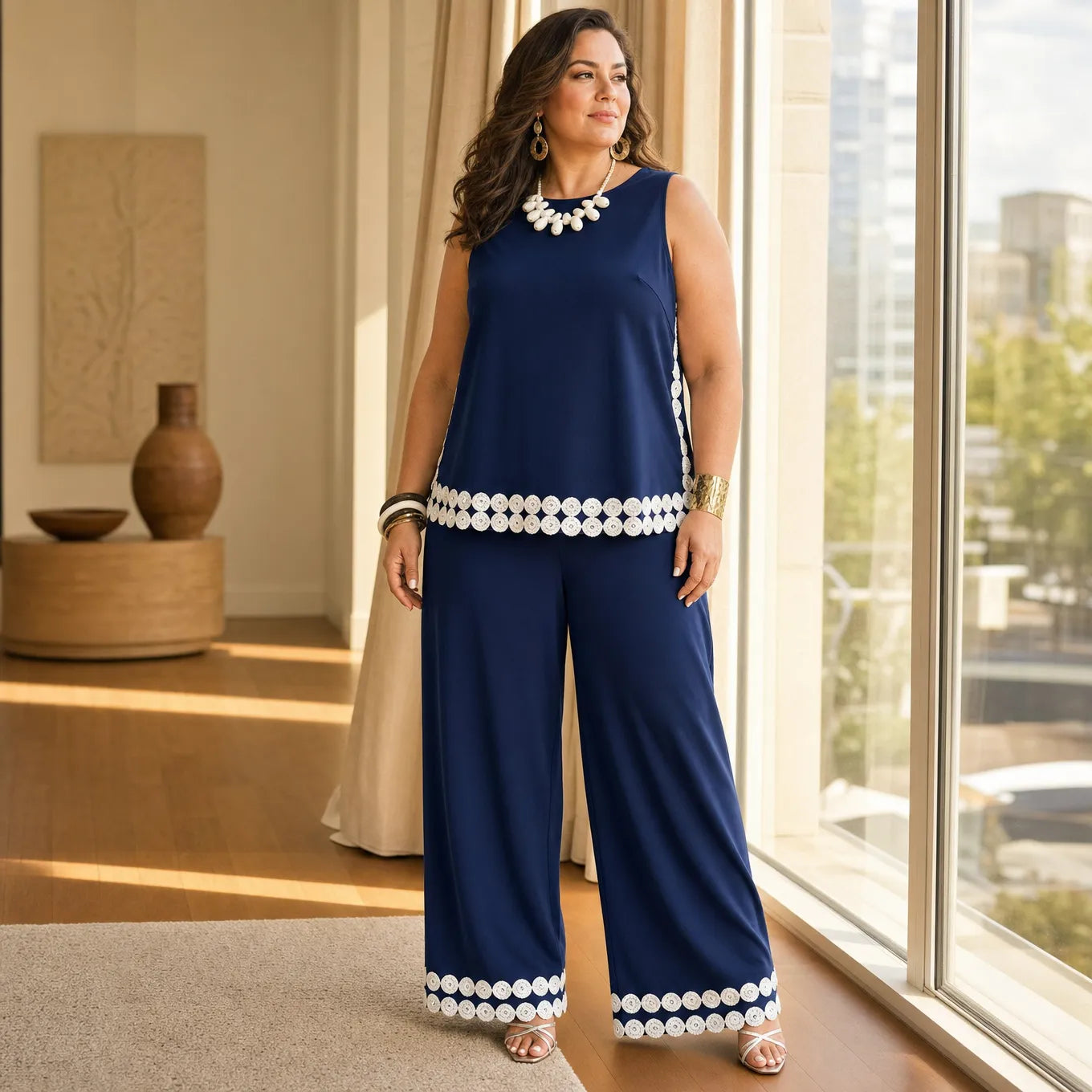 Marovée – Sleeveless Top & Wide Leg Pants Set with Crochet-like Trim Details