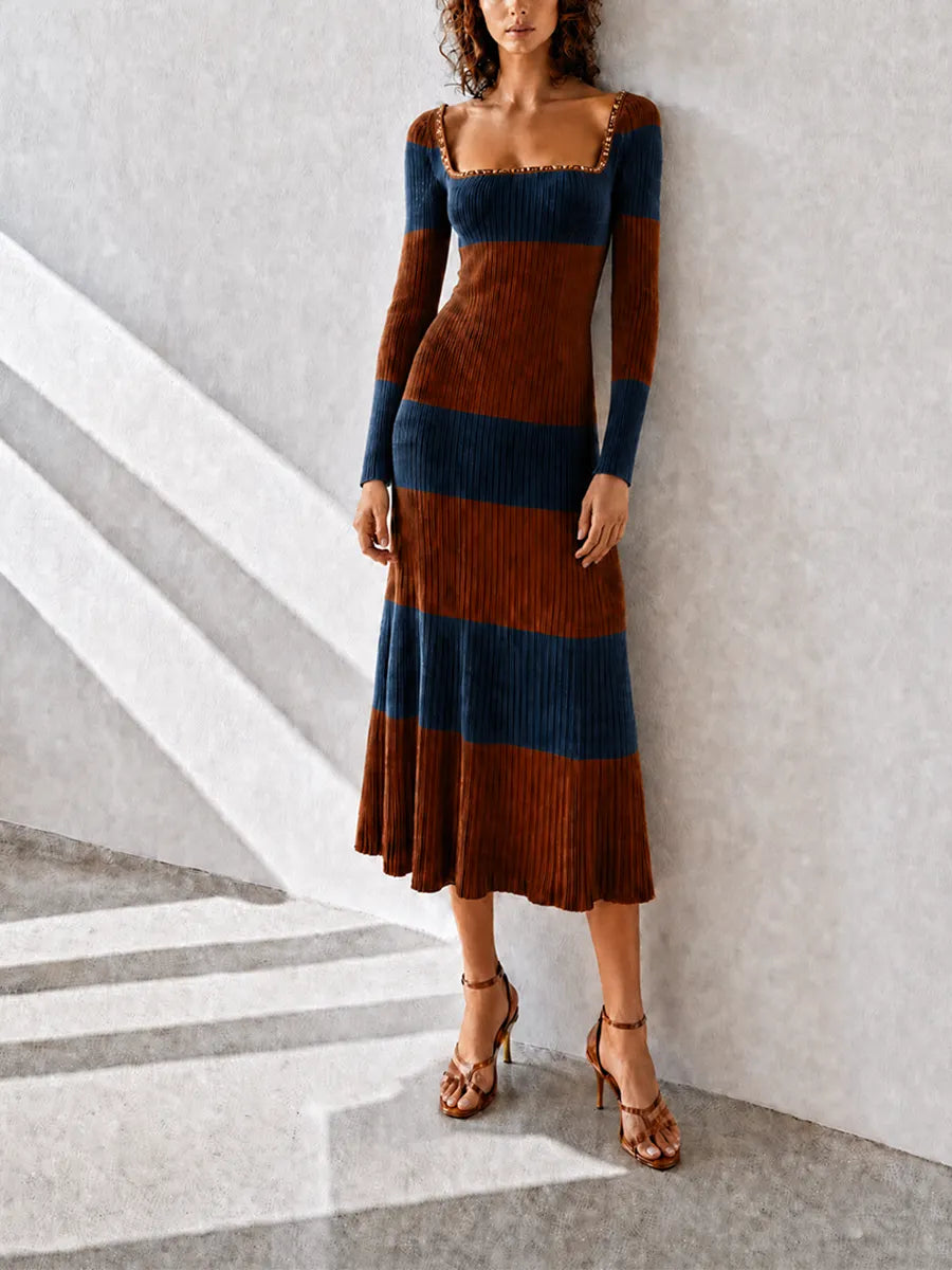 Women's Elegant Vintage Brown-and-Navy Striped Square-Neck Long-Sleeve Fitted Ribbed-Knit Midi Dress MDZ1344G4CMX