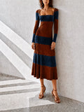 Women's Elegant Vintage Brown-and-Navy Striped Square-Neck Long-Sleeve Fitted Ribbed-Knit Midi Dress MDZ1344G4CMX
