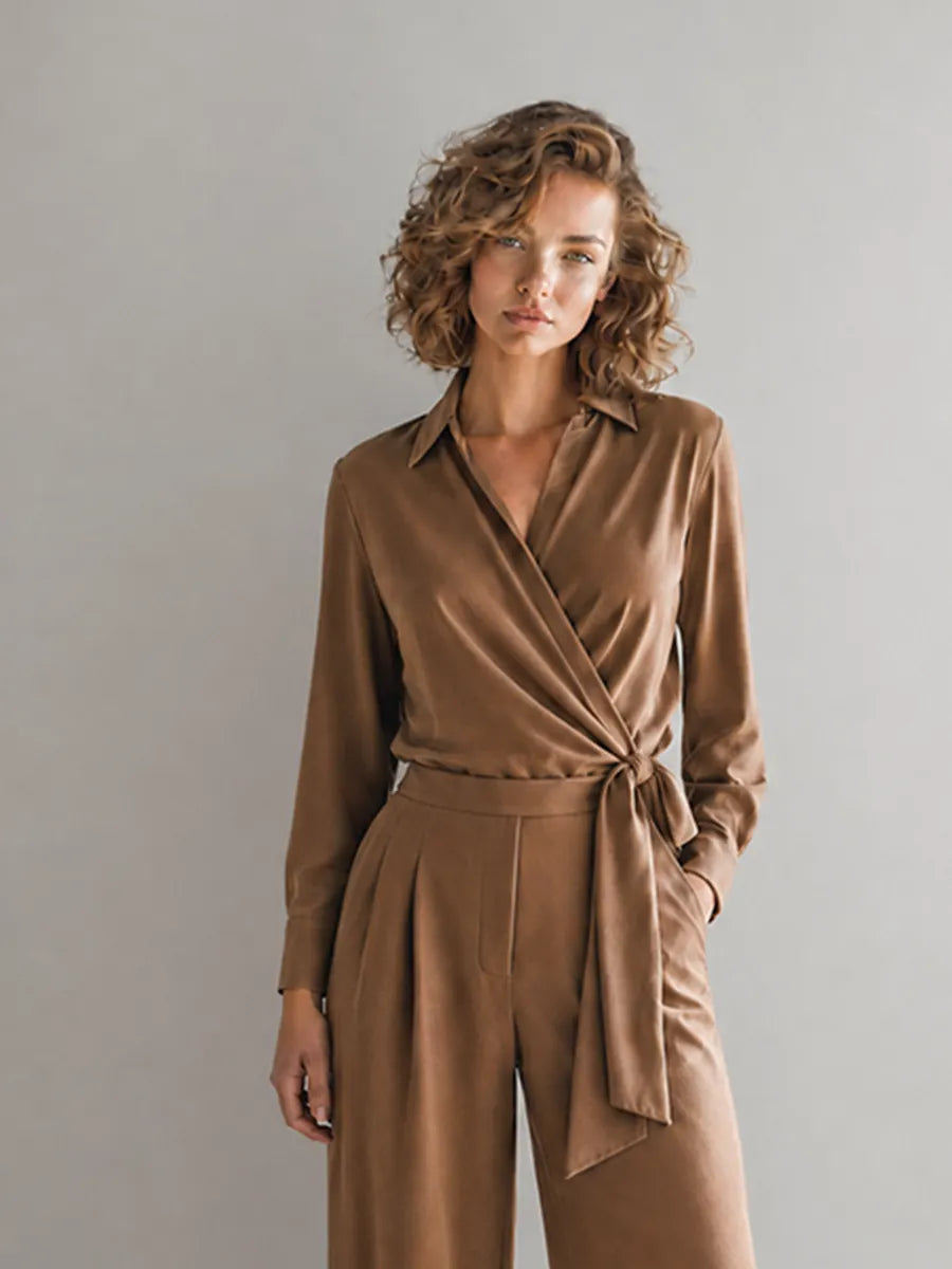 Caramel Wrap Tie Long Sleeve Shirt & Wide Leg Pants Two-Piece Set MDZ1754G3CMX