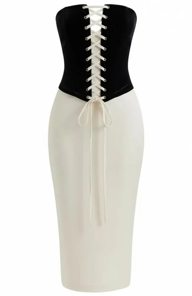 Strapless Corset Two Piece Midi Velvet Dress Black Ivory