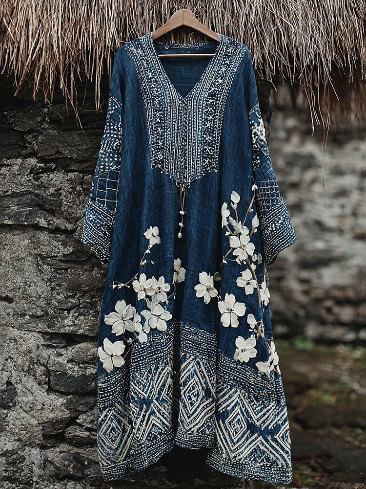 Women's Traditional Japanese Sashiko Art V-neck Dress