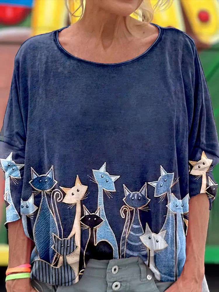 Women's Abstract Geometric Cat Art Print Vintage Linen Crew Neck T-shirt