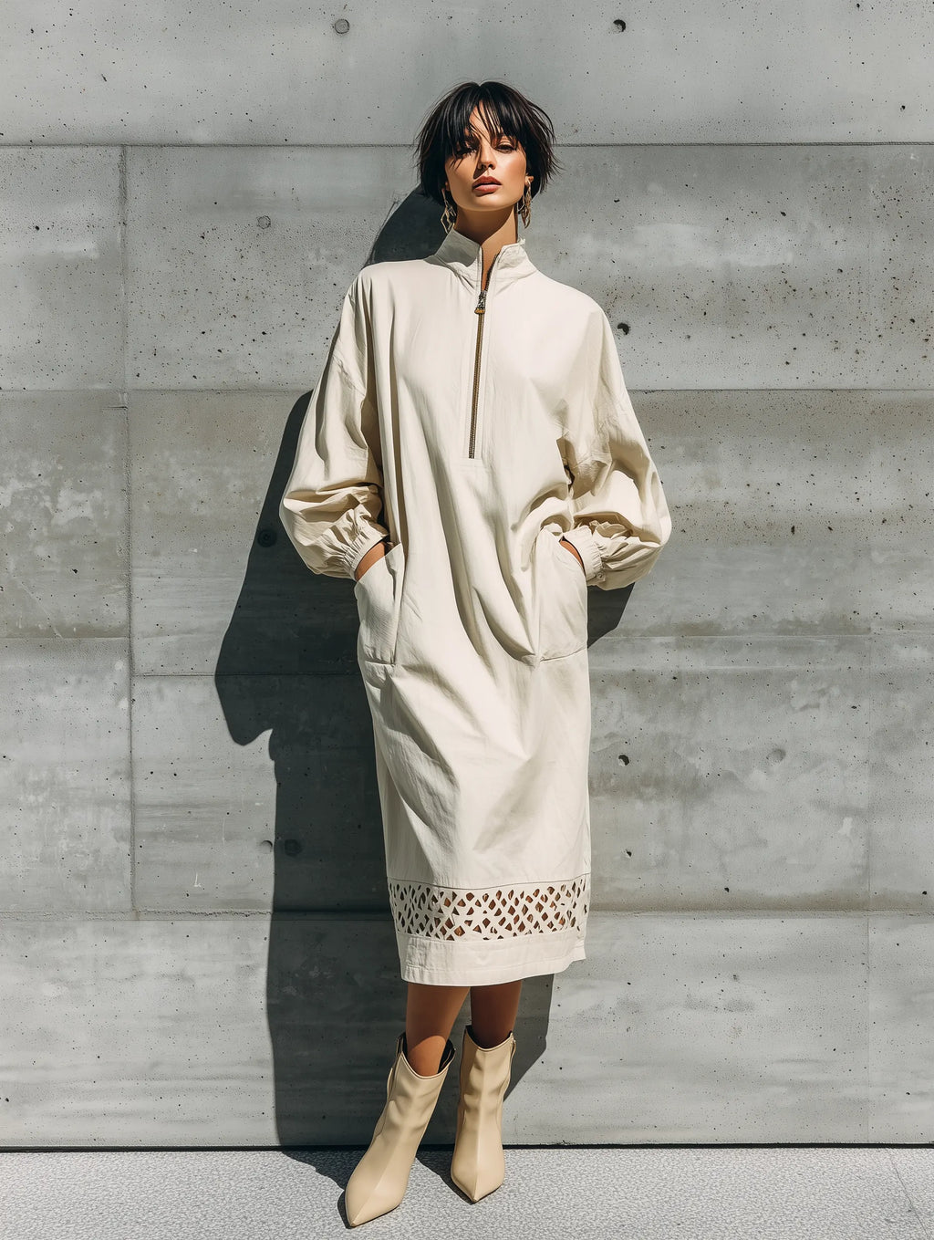 Women's Off White Cotton Blend Stand Collar Half Zip Balloon Elastic Cuff Side Pocket Cutout Hem Midi Dress MDZ1616G9YZJ