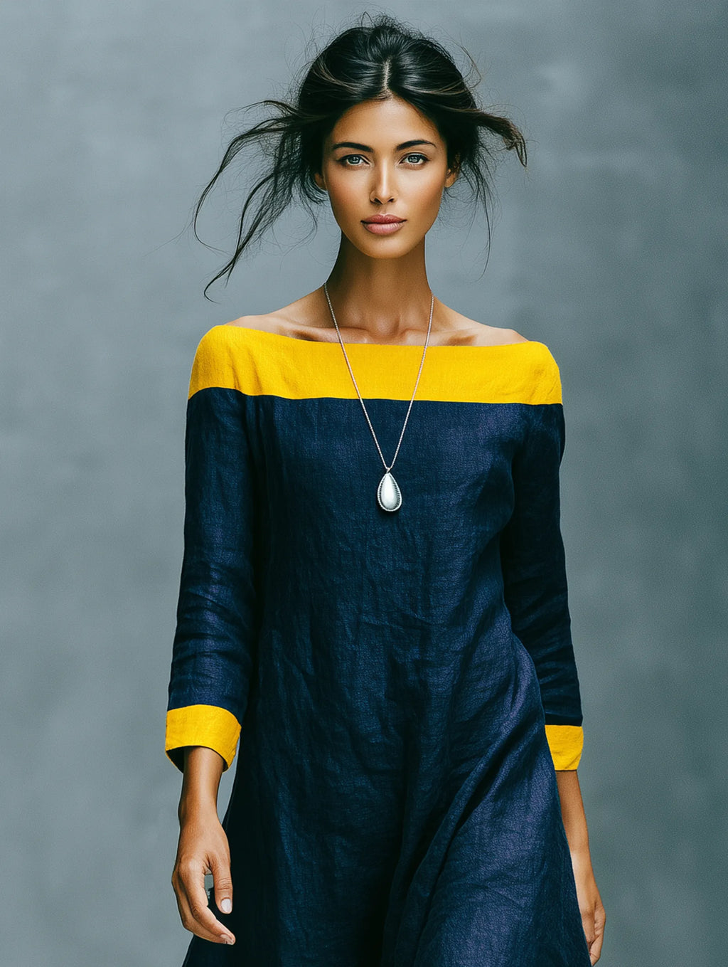 Women's Minimalist Color-Block Linen-Blend Maxi Dress With Crew Neck And Three-Quarter Sleeves MDZ0992G2WY
