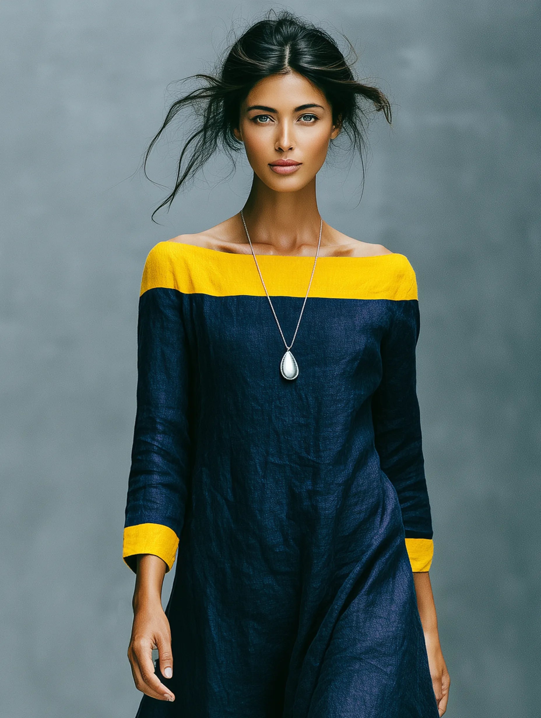 Women's Minimalist Color-Block Linen-Blend Maxi Dress With Crew Neck And Three-Quarter Sleeves MDZ0992G2WY