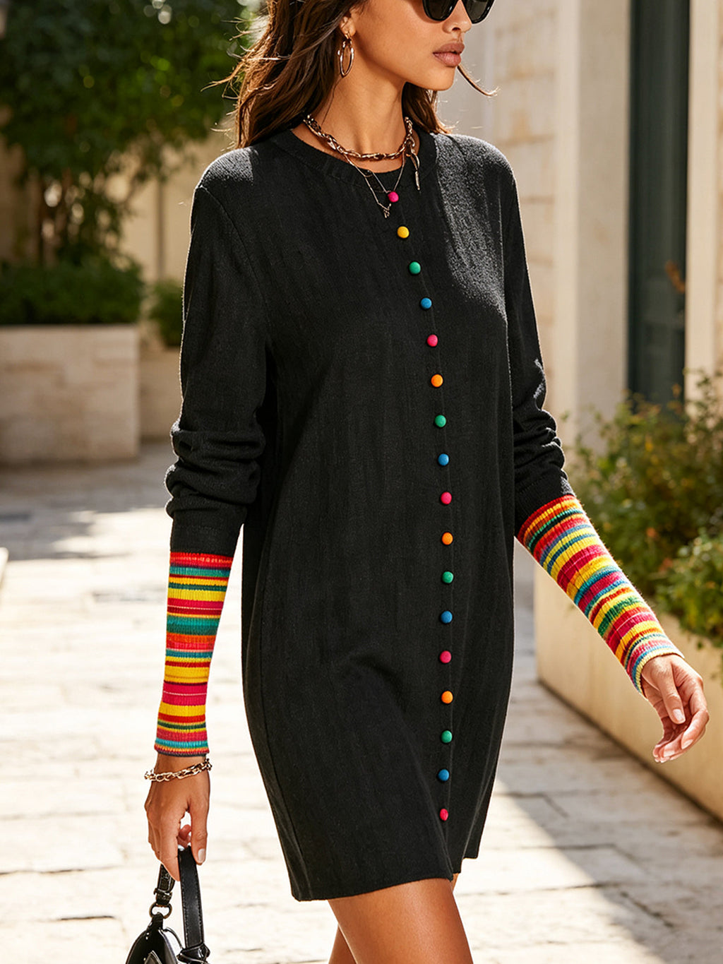 Black Rainbow Button Shift Mini Dress With Contrast Knit Cuffs