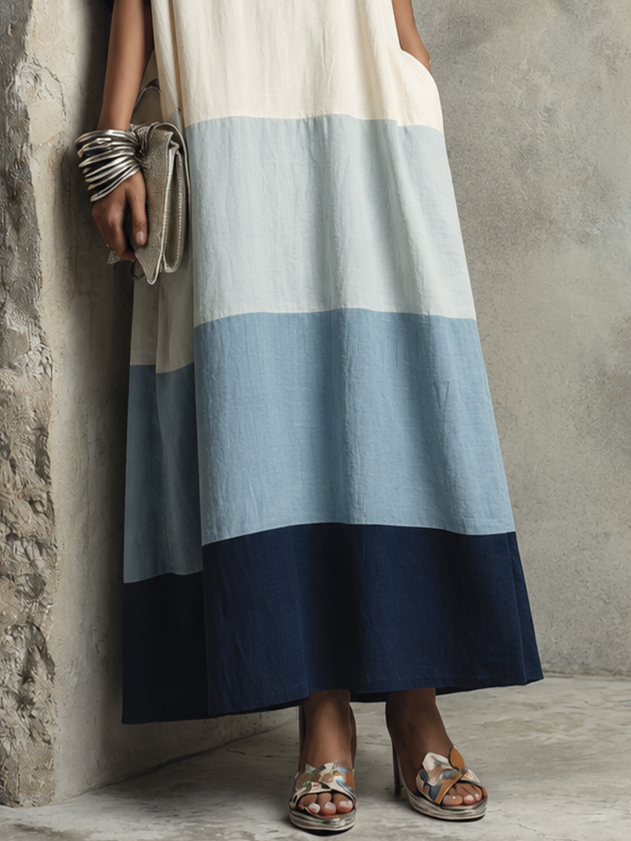 Women's Relaxed Vacation Off White Spliced Blue Cotton Blend Horizontal Stripe Loose Short Sleeve Maxi Dress MDZ1410G1GMJ