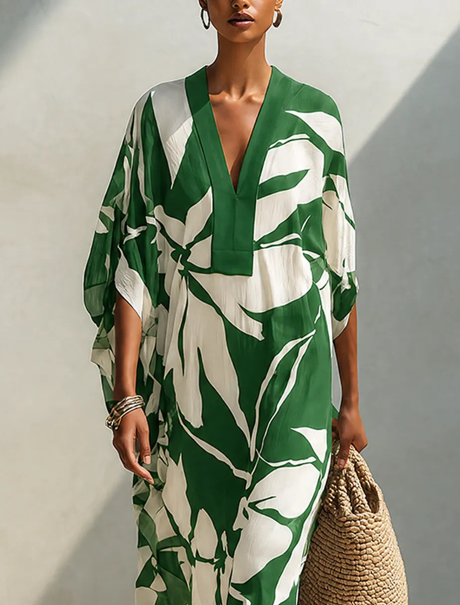 Women's Resort Style White Linen Long Dress With Green Leaf Print MDZ0764G4ZRK