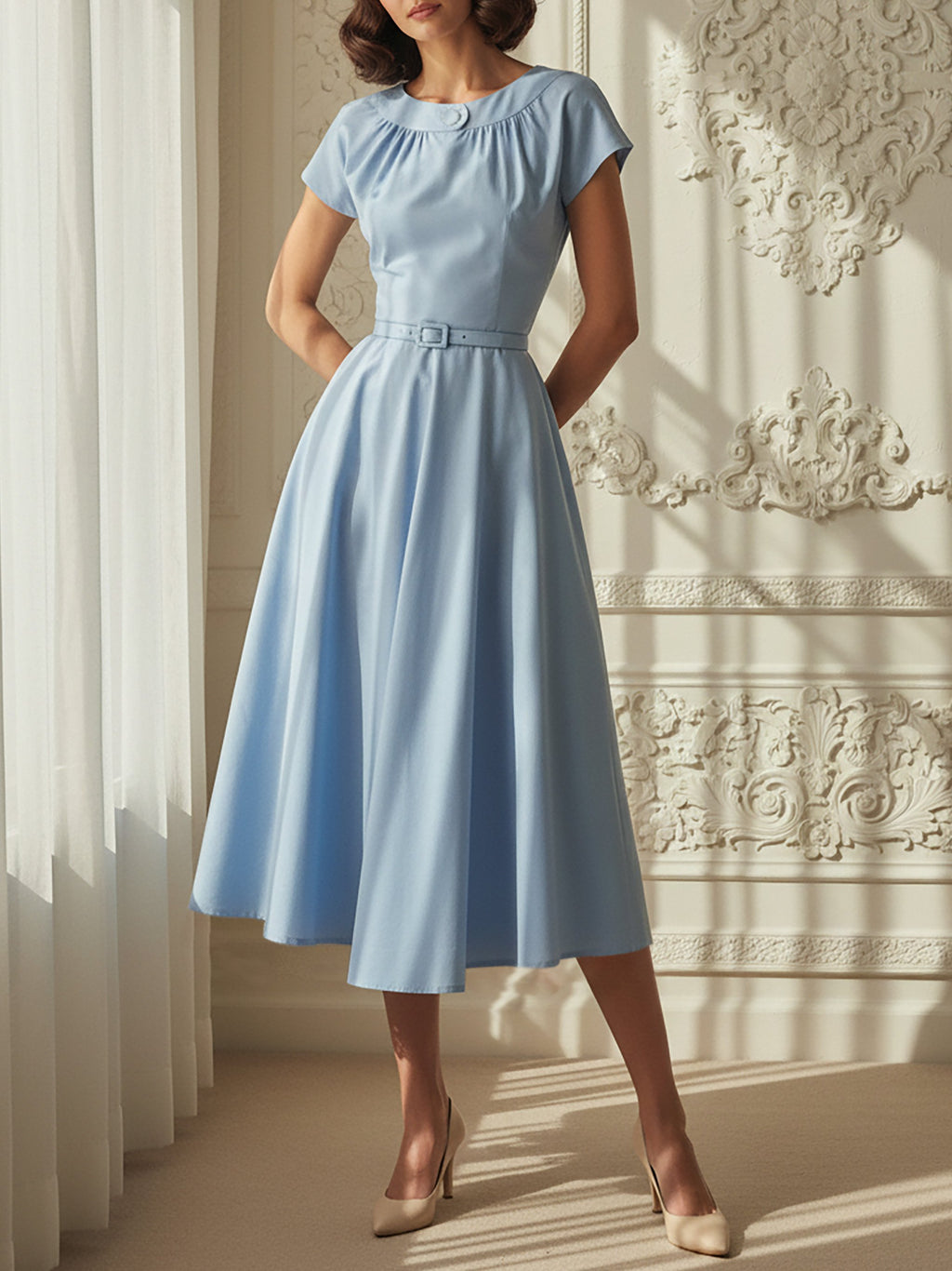 Midi Linen Dress, Short Sleeves, Round Neck, Belt Design, Vintage, Blue