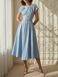 Midi Linen Dress, Short Sleeves, Round Neck, Belt Design, Vintage, Blue