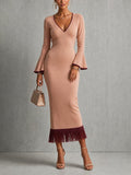Pink V-Neck Fringe Hem Knit Midi Dress