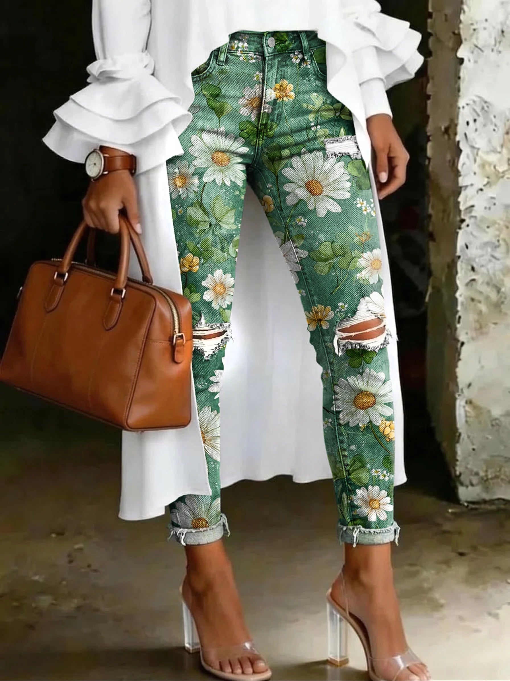 Women's Fashion Daisy And Clover Floral Artistic Print Casual Skinny Ripped Jeans