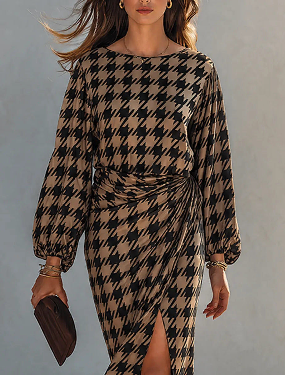 Women's Minimalist Houndstooth Print Long-Sleeve Maxi Dress With Side-Waist Ruching MDZ0948G3ZRK