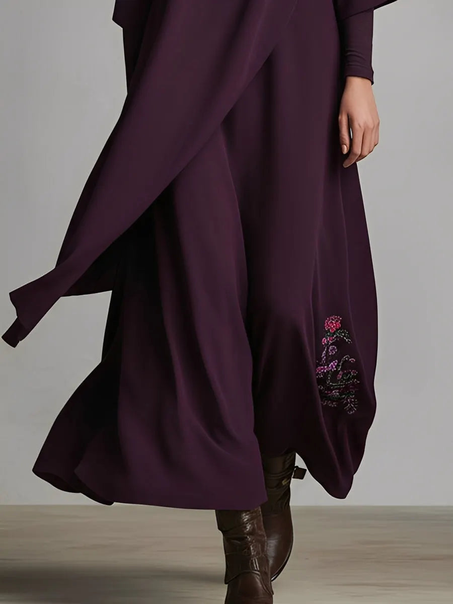 Women's Plum Draped Cotton-Blend Jersey Elegant Turtleneck Embroidered Maxi Dress MDA1202K8I