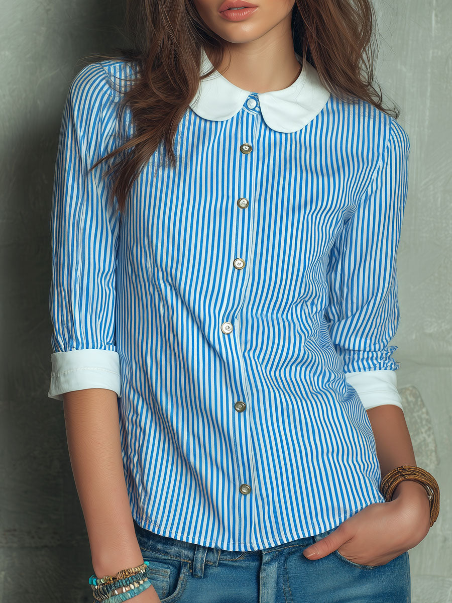 Boho Peter Pan Collar Blue Striped Cotton Blouse