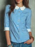 Boho Peter Pan Collar Blue Striped Cotton Blouse