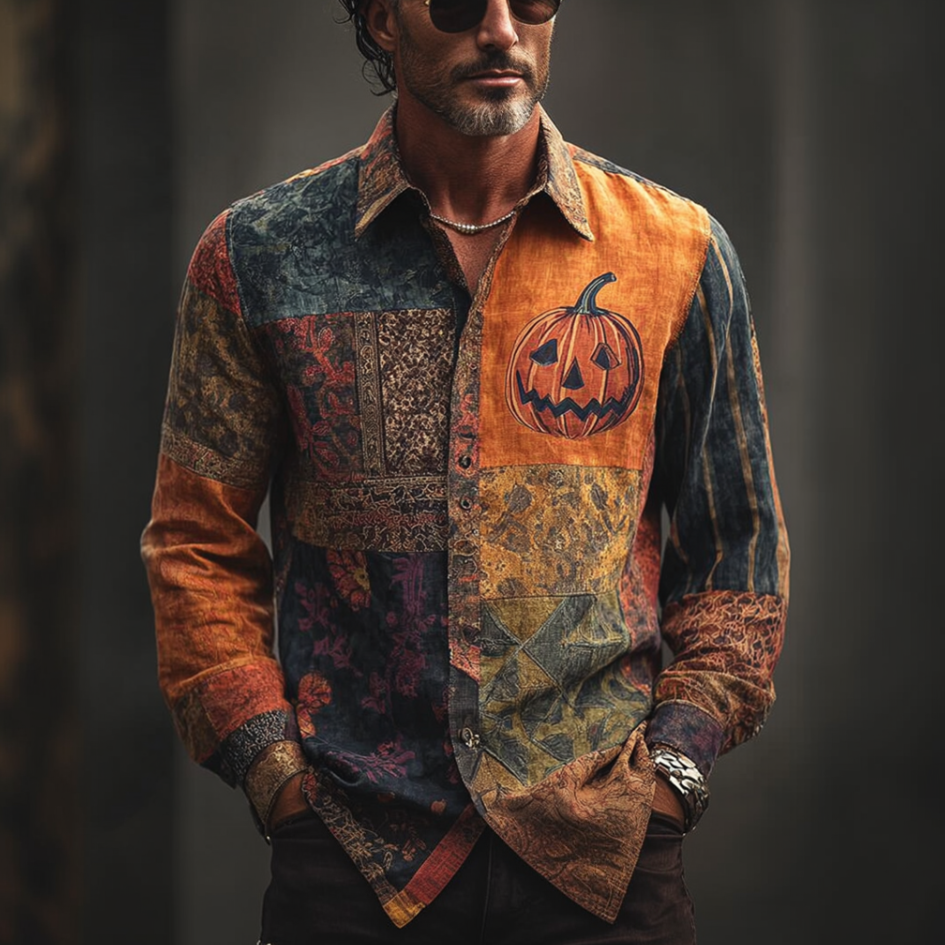 Halloween Pumpkin And Plant Flower Combination Design Men's Retro Cotton And Linen Shirt