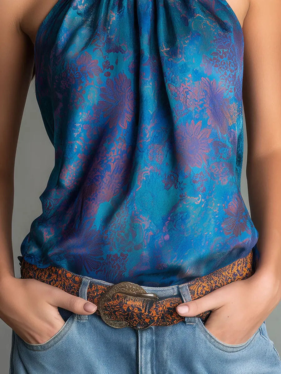 Retro High-Neck Floral Print Teal Satin Halter Scarf  Blouse
