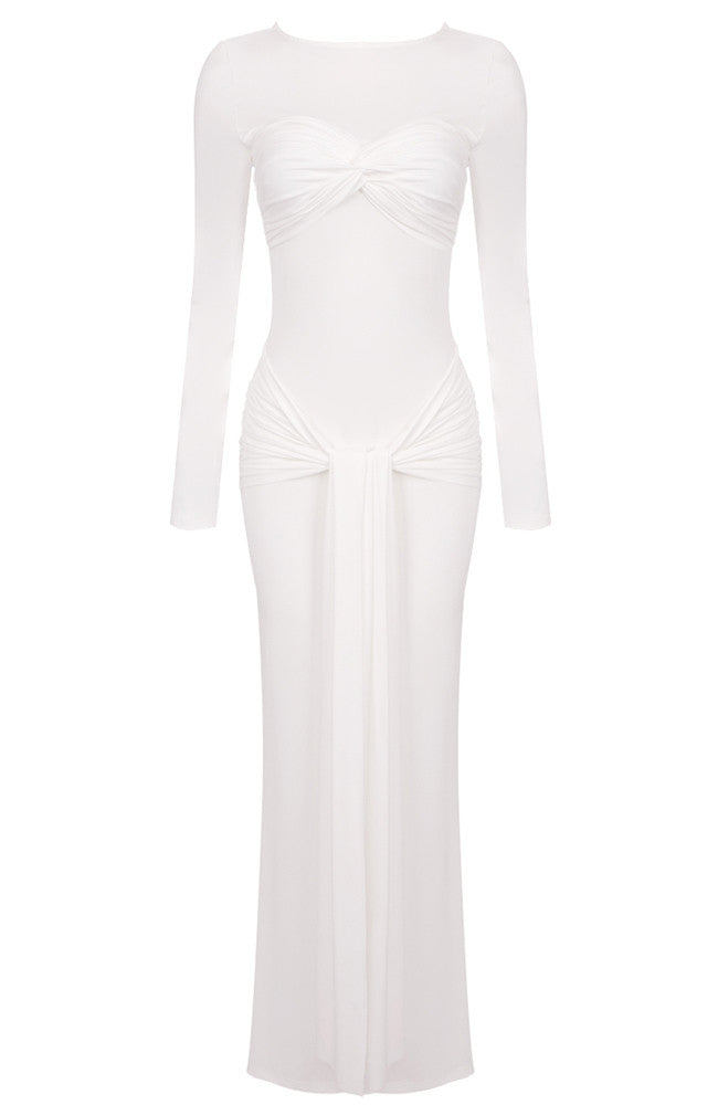 Long Sleeve Draped Detail Maxi Dress White