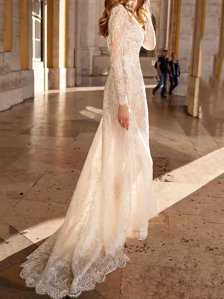 Stylish Round-Neck See-Through Lace Empire White Wedding Maxi Dress