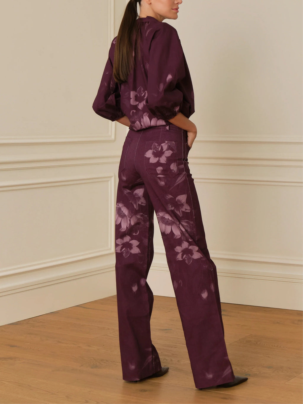 High-neck bow-print shirt and trousers set