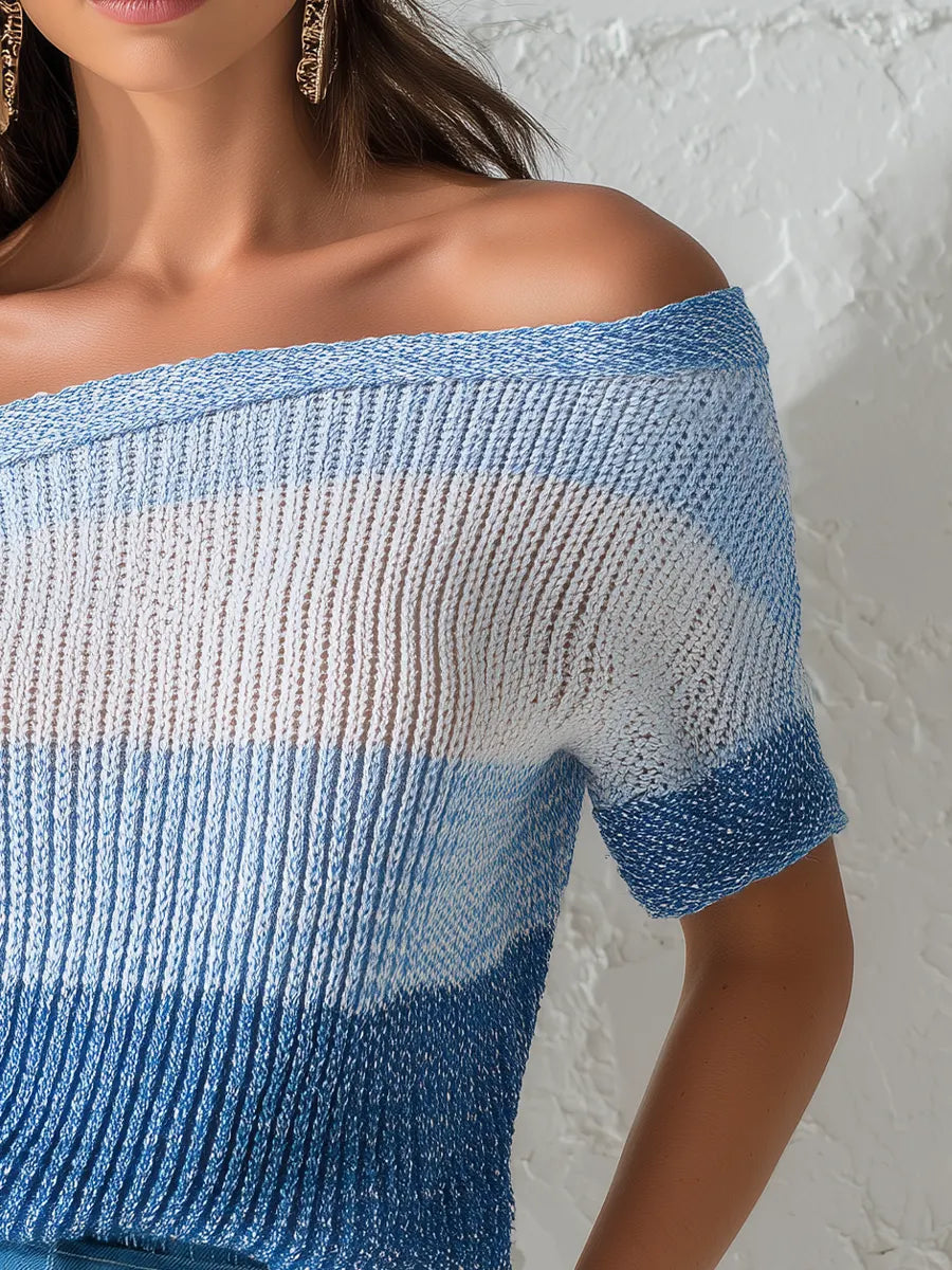 Elegant Blue Striped Knit Off Shoulder Top