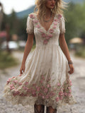 Ladies' Pink Flower Vintage White Linen Vintage V-neck Short-sleeved Long Dress
