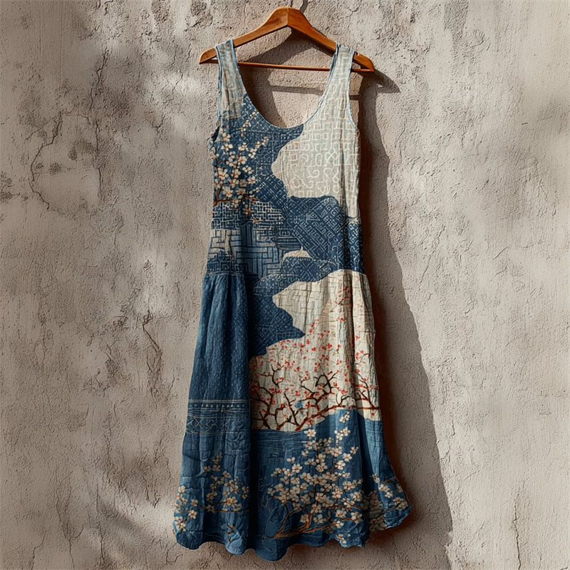 Cherry Blossom Sea Waves Japanese Sashiko Art Linen Maxi Dress