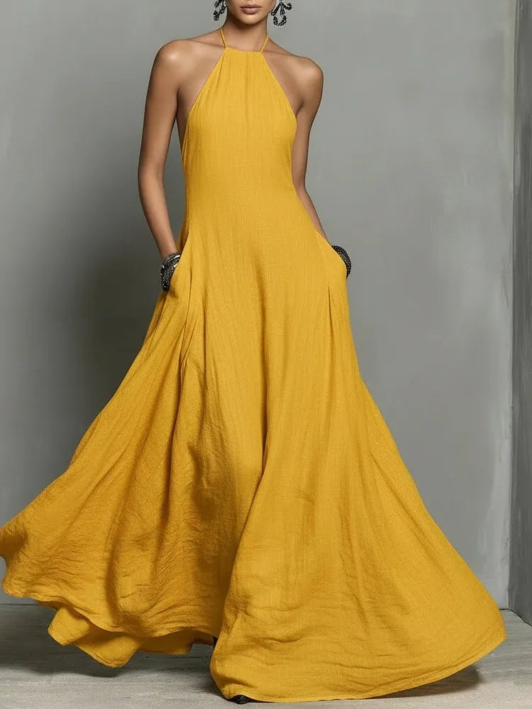 Black Minimalist Faux Linen Blend Backless Halter Neck Sleeveless Maxi Dress