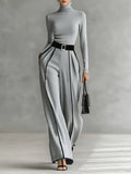 Gray Trim High-neck Long-sleeved Top With Wide-leg Pants and Belt Set