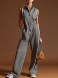 Casual Sporty Retro Dark Gray Cotton Blend Zipper Sleeveless Jumpsuit