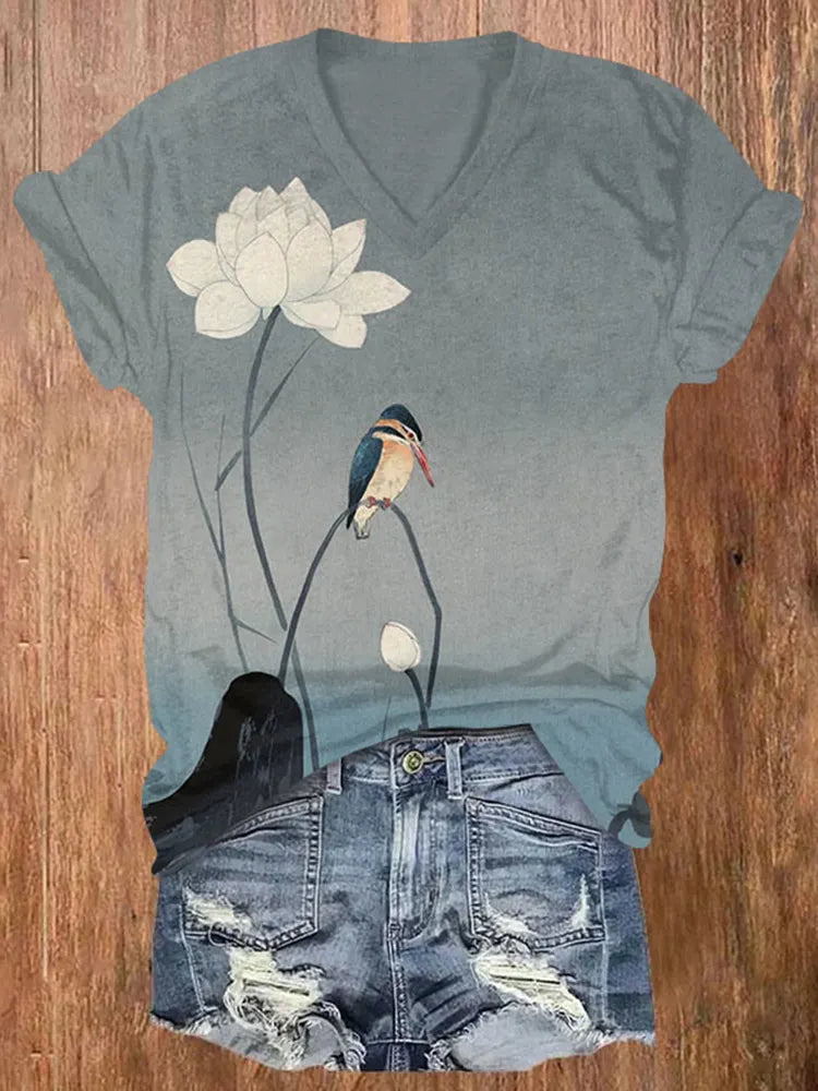 Vintage Bird And Lotus Art Pattern V-neck T-shirt