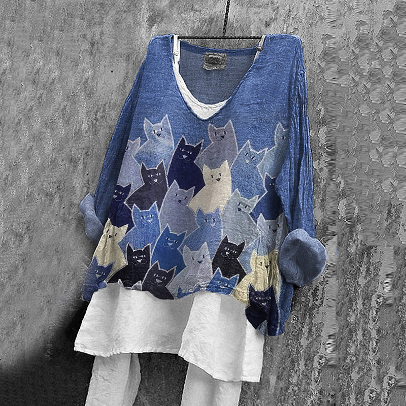 Vintage Abstract Cat Art Linen Blend Blouse