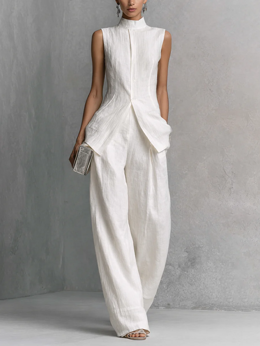White Minimalist Sleeveless Top And Wide-leg Pants Suit