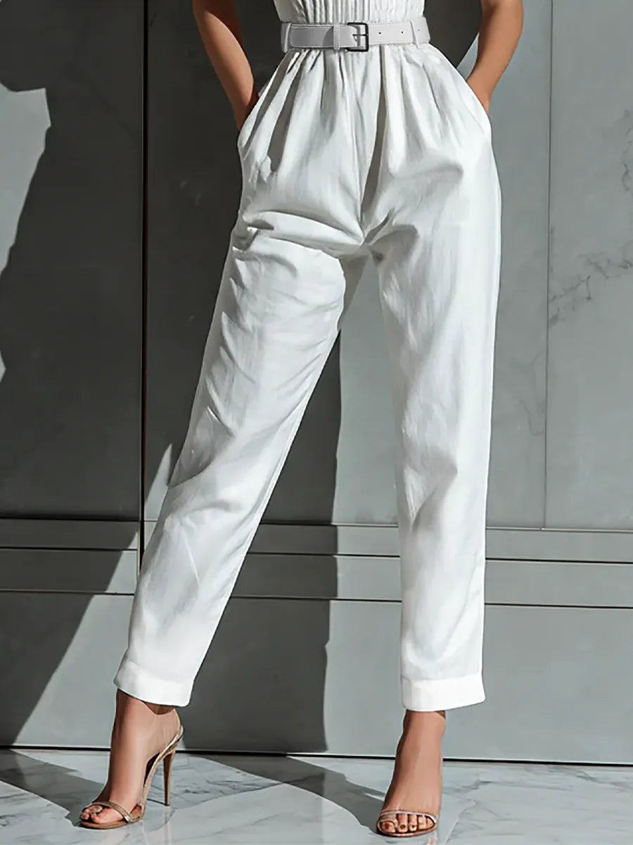 Women's Ivory Cotton And Linen Blend Wide-Leg Jumpsuit With Cinched Waist MDZ0674B7T