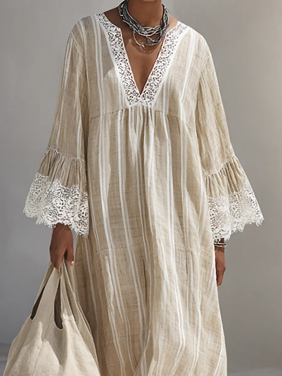 Women's Minimalist Beige Vertical-Stripe Maxi Dress With White Lace Trim And Flared Long Sleeves MDZ1745F9ZRK