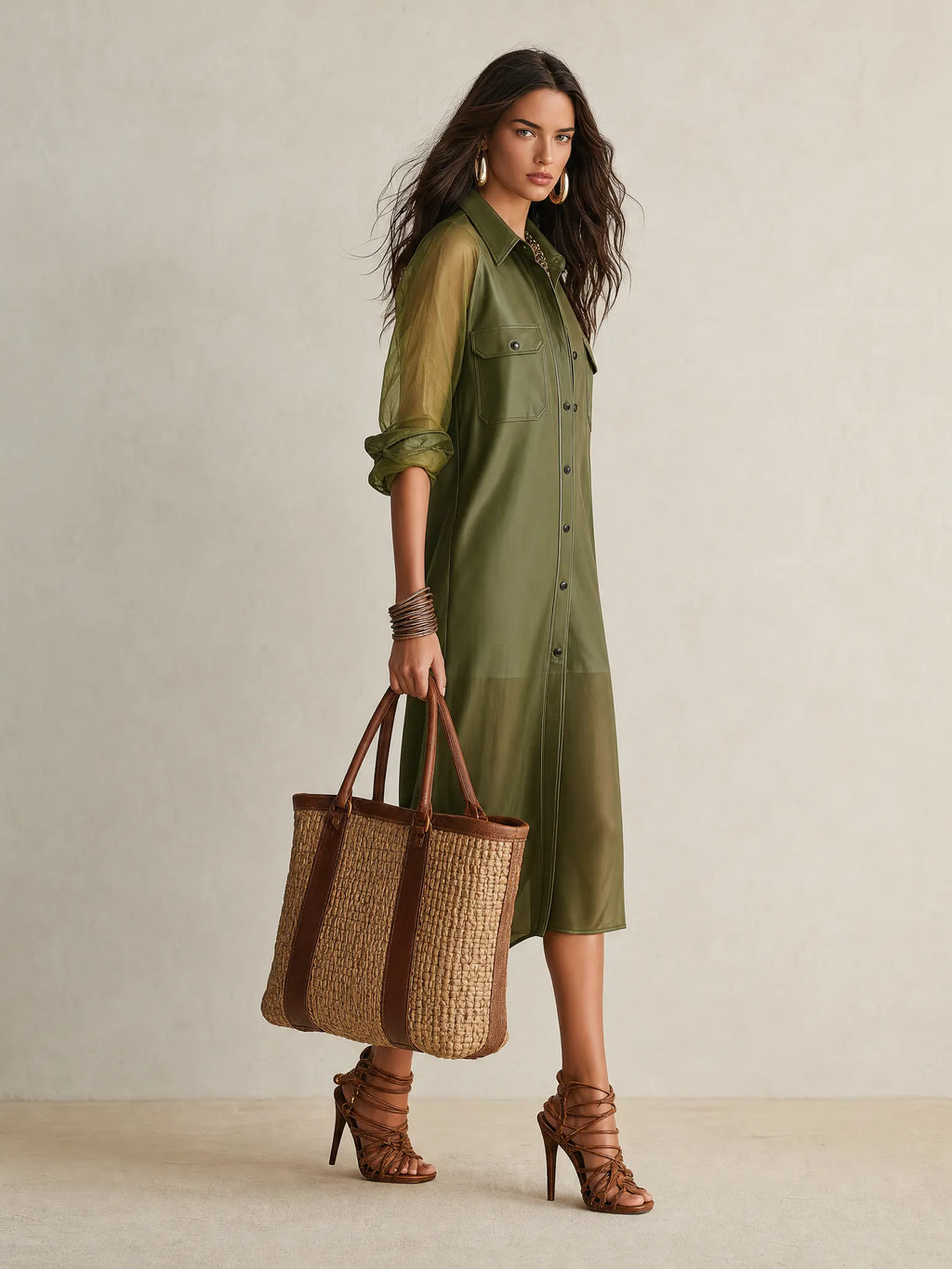 Sheer Olive Long-Sleeve Button-Front Shirt Midi Dress