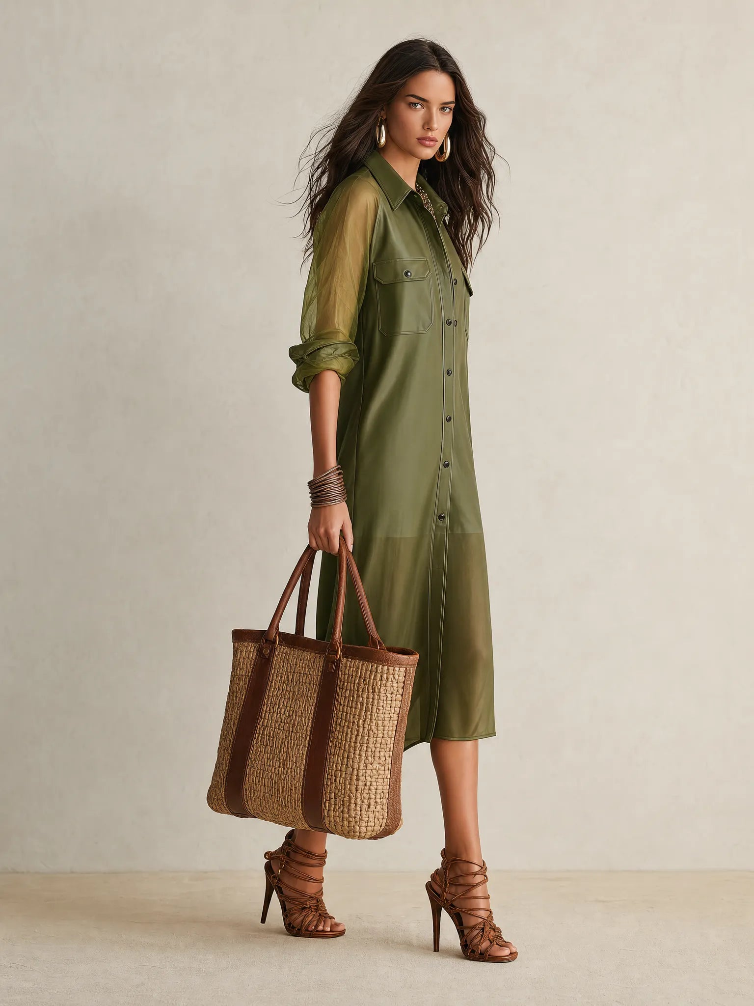 Sheer Olive Long-Sleeve Button-Front Shirt Midi Dress