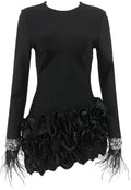 Crystal Feather Long Sleeve Ruffle Detail Dress Black